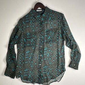 Equipment Silk Blouse, Teal & Dark Khaki Green, Sheer Leopard Print, Med